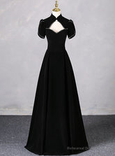 Black Velvet Short Sleeve High Neck Prom Dress